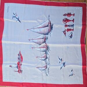 Simone Kimball Made In Japan 100% Silk Sailboat Scarf with Lighthouse & Seagulls